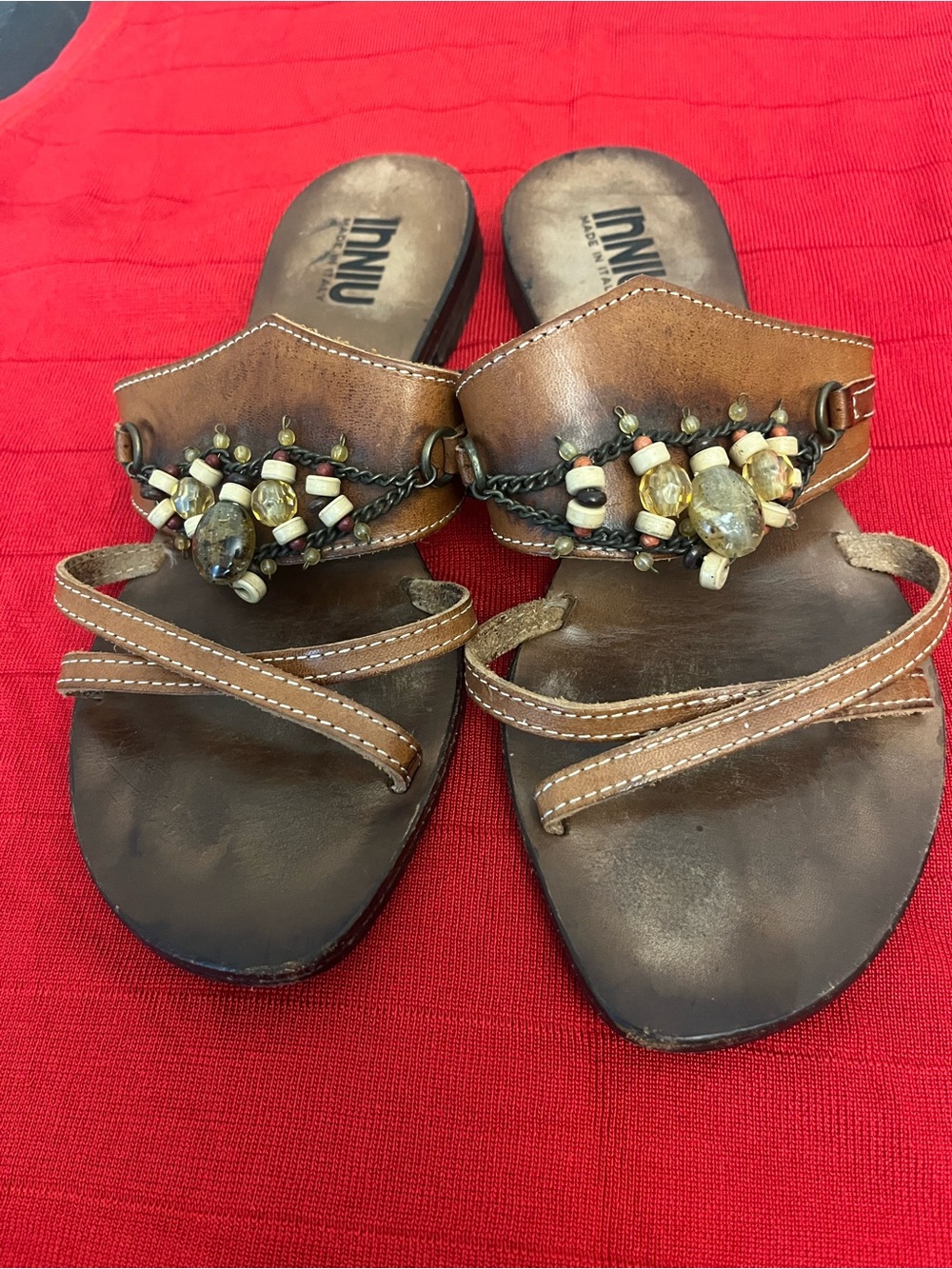 INNIU  Brown Beaded Leather Slide Sandals